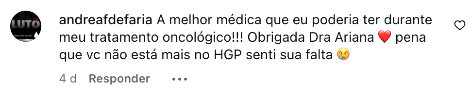 Avaliação da paciente andreafdefaria sobre atendimento oncológico com a Dra. Ariana Luz
