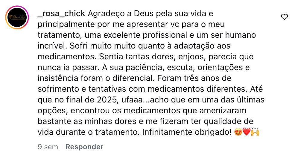 Avaliação da paciente _rosa_chick sobre atendimento oncológico com a Dra. Ariana Luz